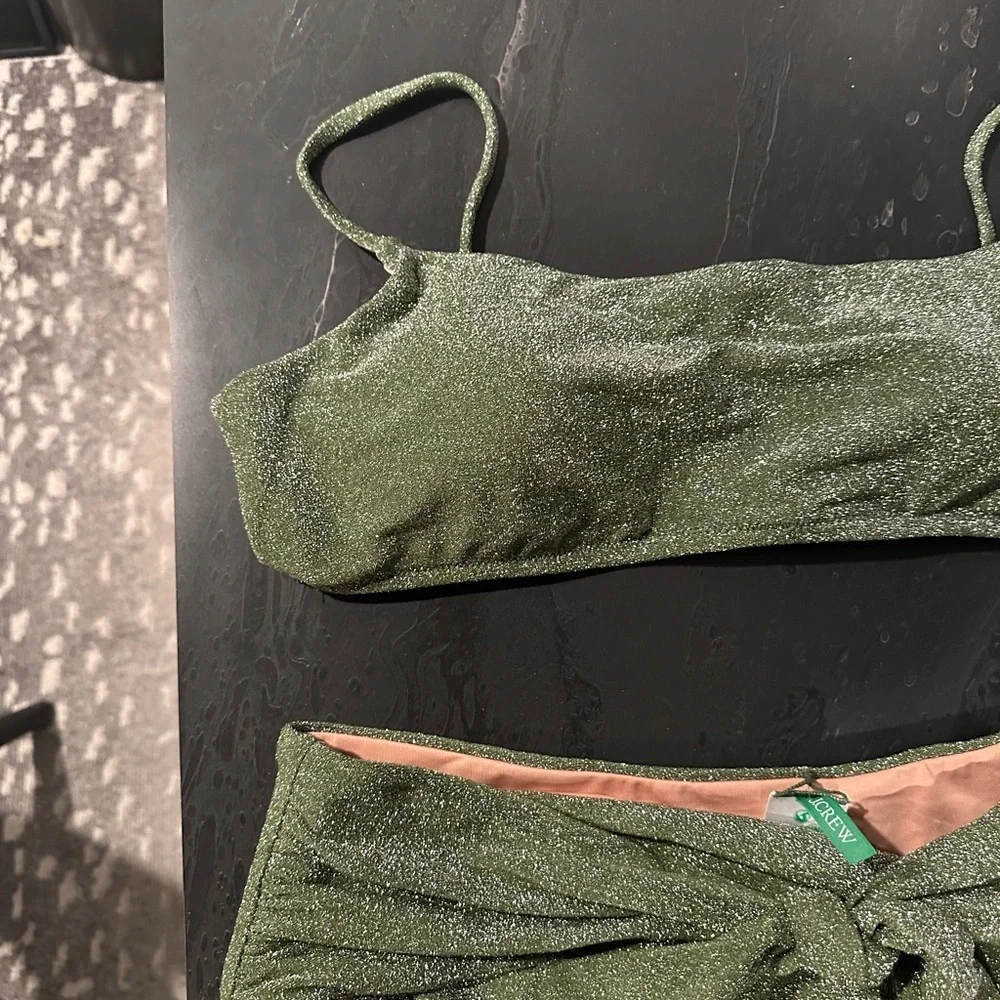 JCREW SCOOPNECK BIKINI TOP IN SPARKLE Size XXL Color DARK SEAWEED SILVER SPARKLE